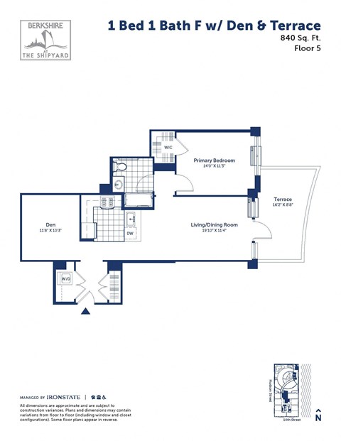 Floor plan for 1 bed, 1 bath, 840 sqft